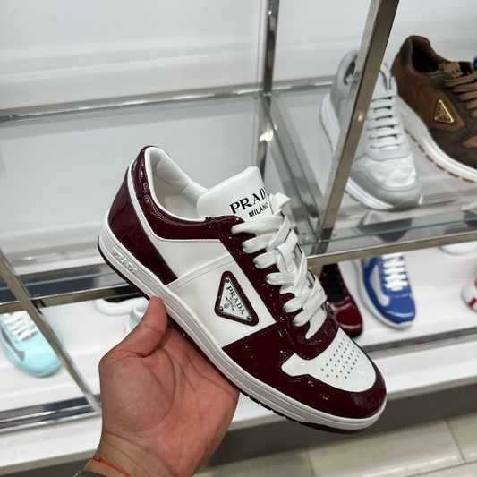 Prada Downtown Leather Sneakers — White / Wine Red