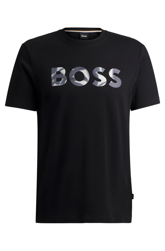 Boss Big Textured Logo Cotton T-Shirt — Black