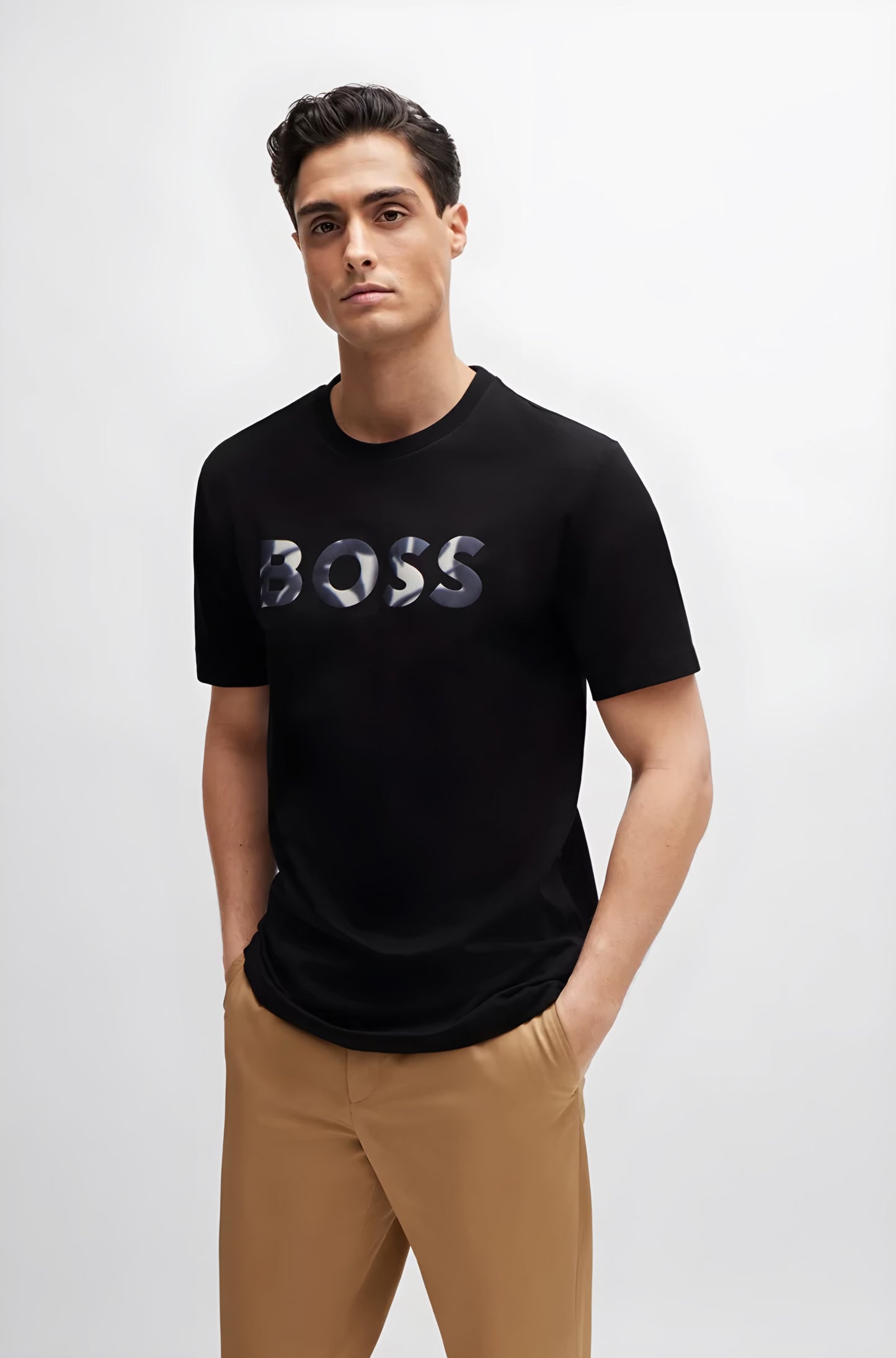 Boss Big Textured Logo Cotton T-Shirt — Black